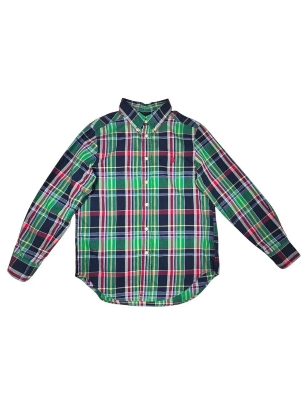 Ralph Lauren Boys Plaid Shirt Sz. M 10-12 Green Button Down 100% Cotton Pony